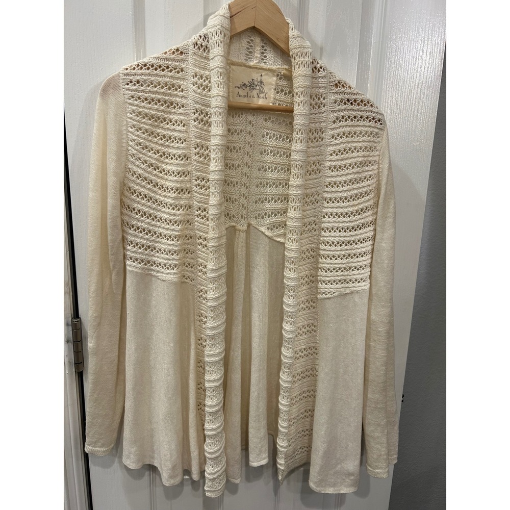 Angel of the North Cream Pointelle‎ Crochet Open Front Cardigan Sweater Mens M